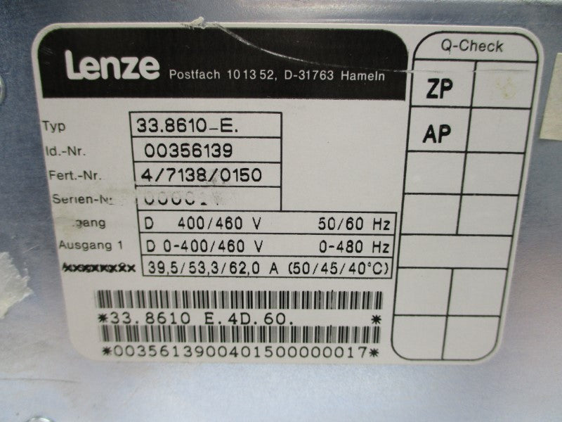 LENZE 33.8610-E 00356139 400/460V 39.5/53.3/62.0A NSNP