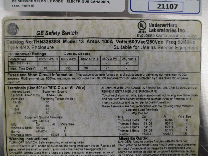 GENERAL ELECTRIC THN3363SS 600VAC 100A UNMP