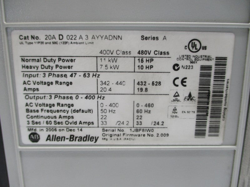 ALLEN BRADLEY 20AD022A3AYYADNN SER. A F/W 2.009 480VAC 20.4A UNMP