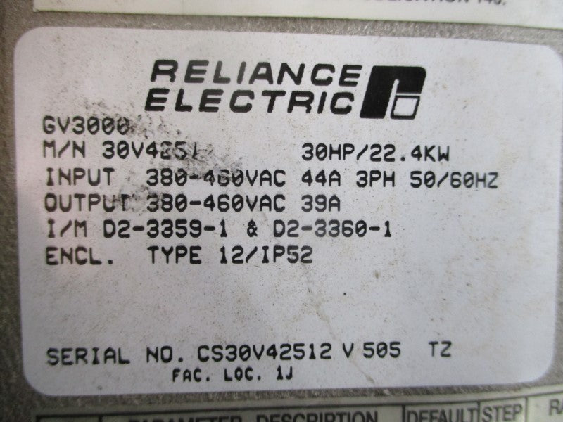 RELIANCE ELECTRIC GV3000 12/IP52 380-460VAC 44A UNMP