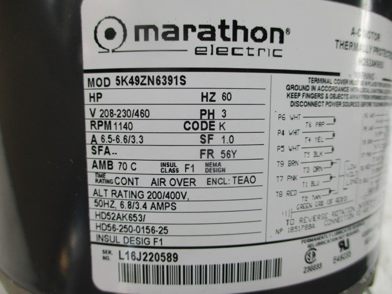 MARATHON ELECTRIC HD52AK653 5K49ZN6391S 208-230/460V 6.5-6.6/3.3A NSMP