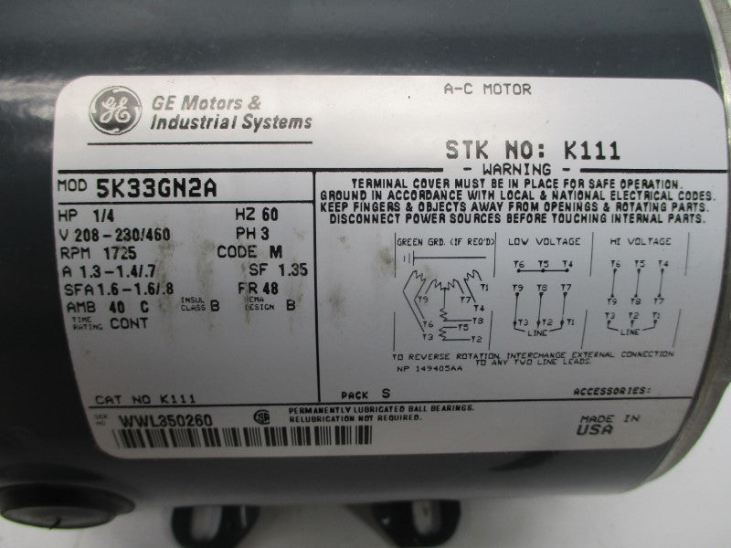 GENERAL ELECTRIC 5K33GN2A 208-230/460V 1.3-1.4/.7A NSNP