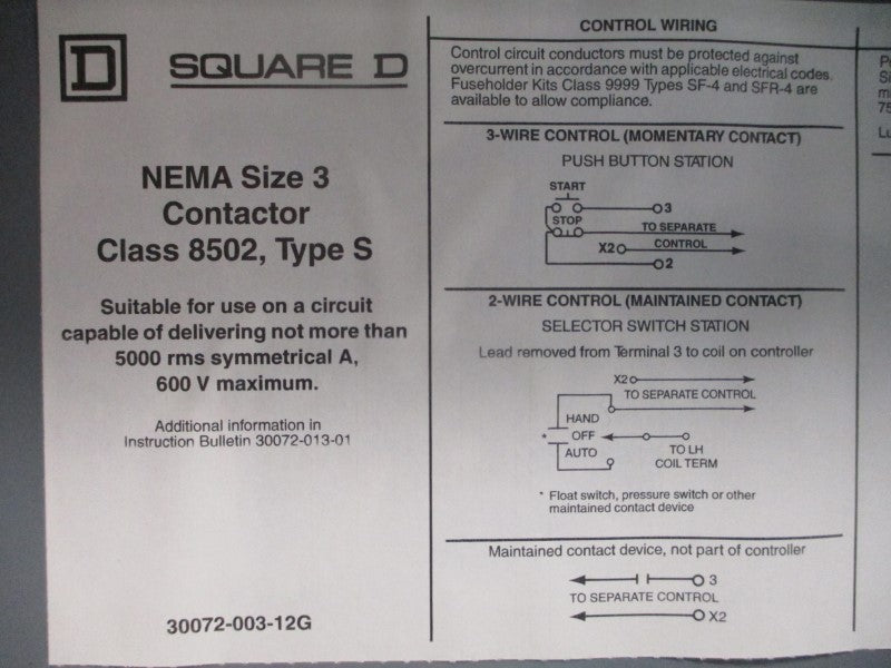 SQUARE D 8502SEG2V02S SER. A 110/120V NSMP