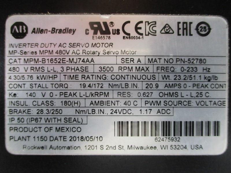 ALLEN BRADLEY MPM-B1652E-MJ74AA SER. A 480VAC 20.9A NSMP
