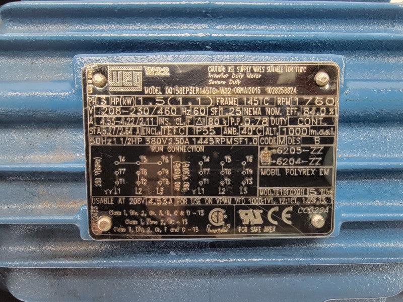 WEG 00158EP3ER145TC-W22 208-230/460V 4.53-4.22/2.11A NSMP