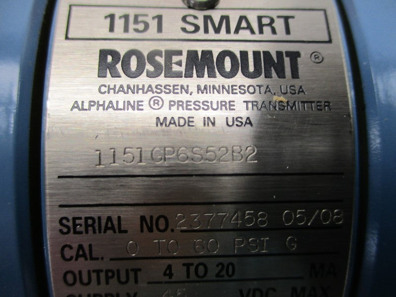 ROSEMOUNT 1151GP6S52B2 45VDC 0-60PSI NSMP