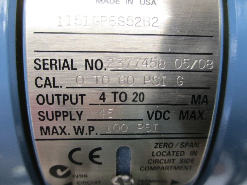 ROSEMOUNT 1151GP6S52B2 45VDC 0-60PSI NSMP