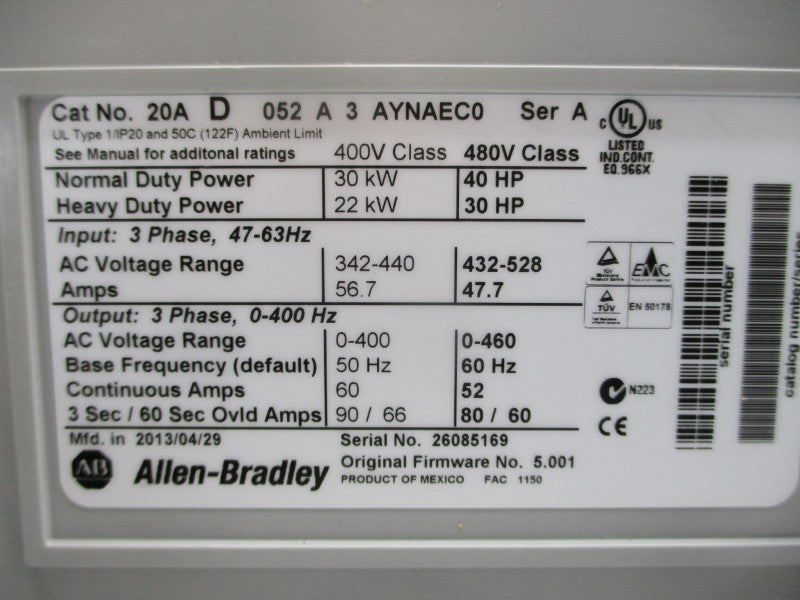 ALLEN BRADLEY 20AD052A3AYNAEC0 SER. A F/W 5.001 480VAC 52A NSMP