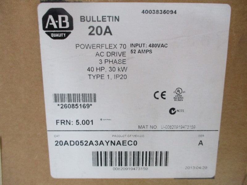 ALLEN BRADLEY 20AD052A3AYNAEC0 SER. A F/W 5.001 480VAC 52A NSMP