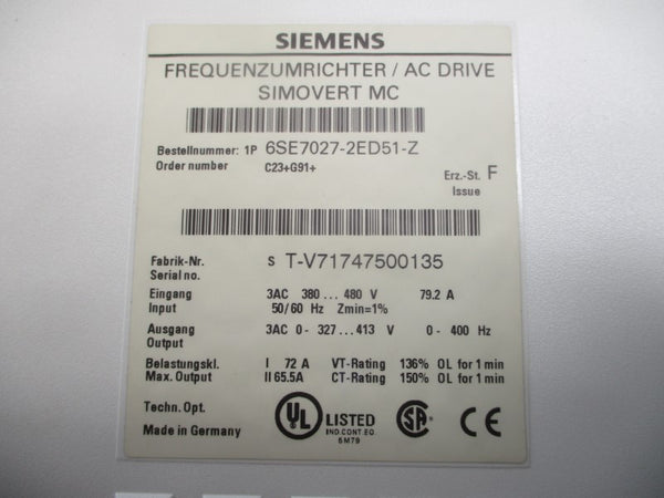SIEMENS 6SE7027-2ED51-Z 380-480VAC 79.2A NSNP