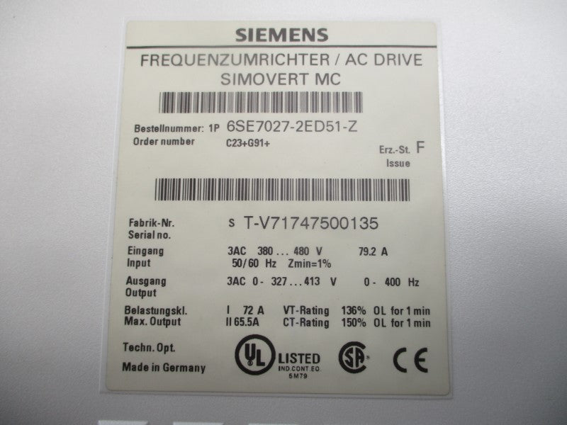 SIEMENS 6SE7027-2ED51-Z 380-480VAC 79.2A NSNP