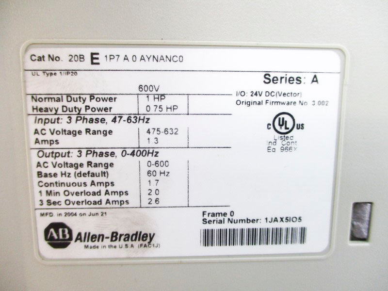 ALLEN BRADLEY 20BE1P7A0AYNANC0 SER. A F/W 3.002 475-632VAC 1.3A UNMP