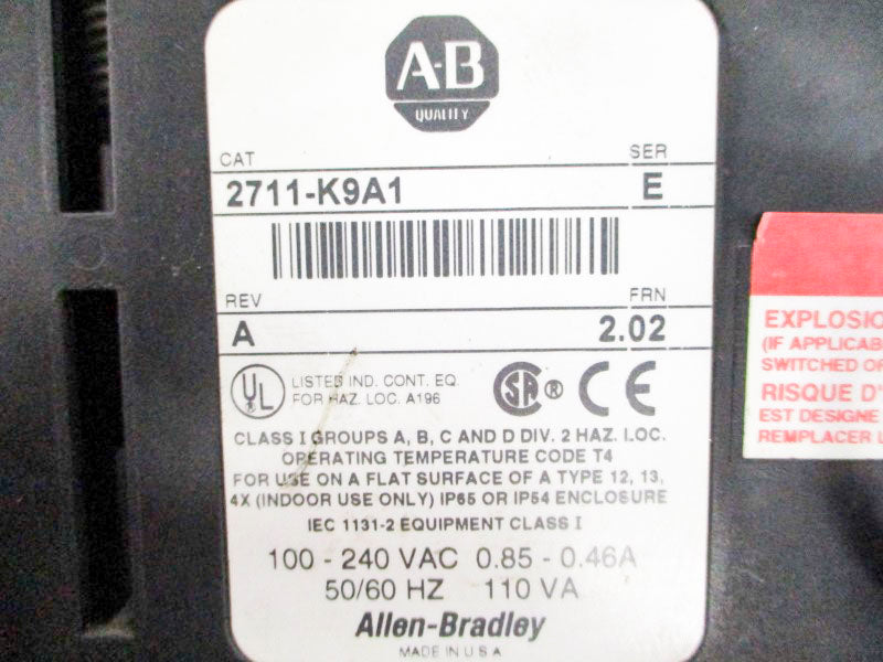 ALLEN BRADLEY 2711-K9A1 SER. E F/W 2.02 100-240VAC 0.85-0.46A UNMP