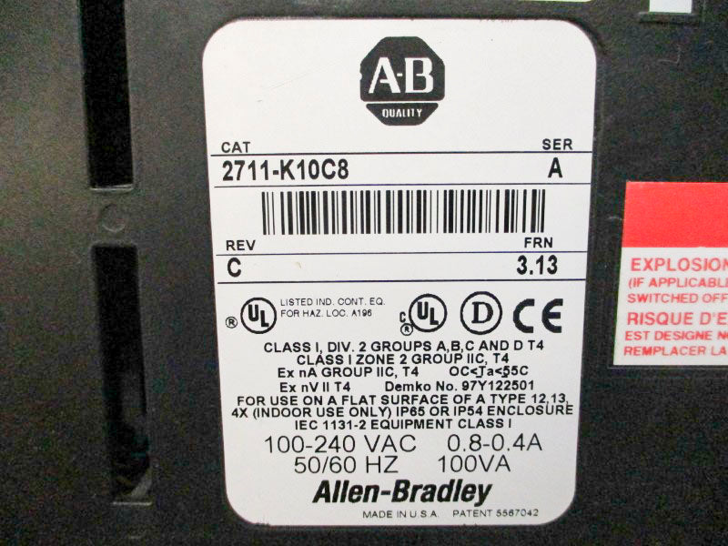 ALLEN BRADLEY 2711-K10C8 SER. A F/W 3.13 100-240VAC 0.8-0.4A UNMP