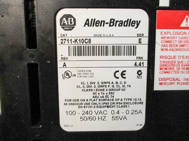 ALLEN BRADLEY 2711-K10C8 SER. E F/W 4.41 100-240VAC 0.4-0.25A UNMP
