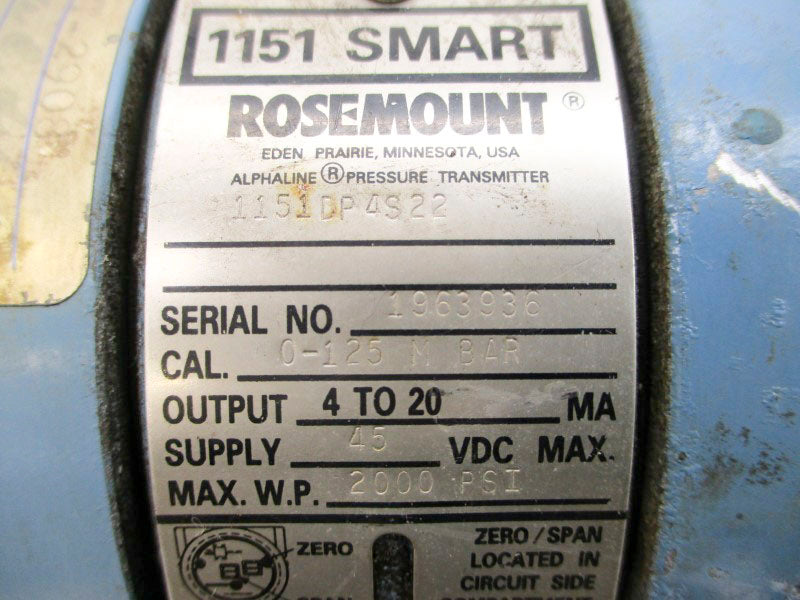 ROSEMOUNT 1151DP4S22 02-2565-541 45VDC 2000PSI UNMP