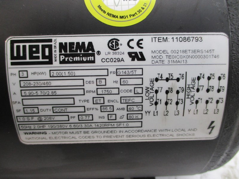 WEG 00218ET3ERS145T 11086793 208-230/460V 5.90-5.70/2.85A NSMP