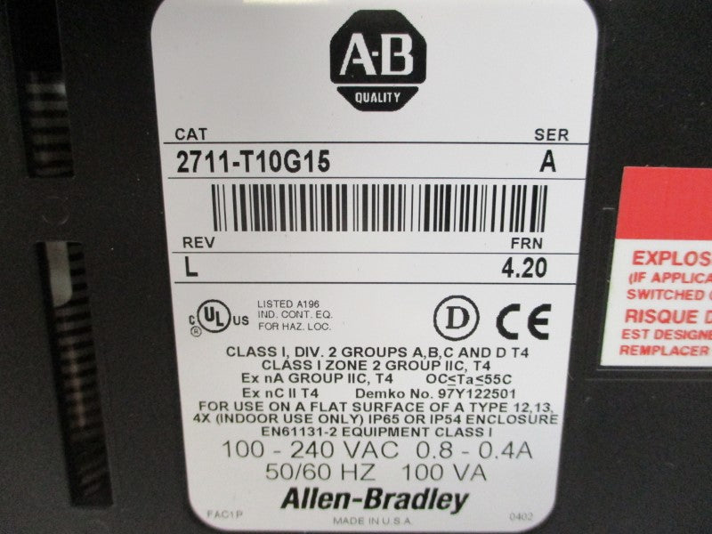 ALLEN BRADLEY 2711-T10G15 SER. A F/W 4.20 100-240VAC 0.8-0.4A NSMP