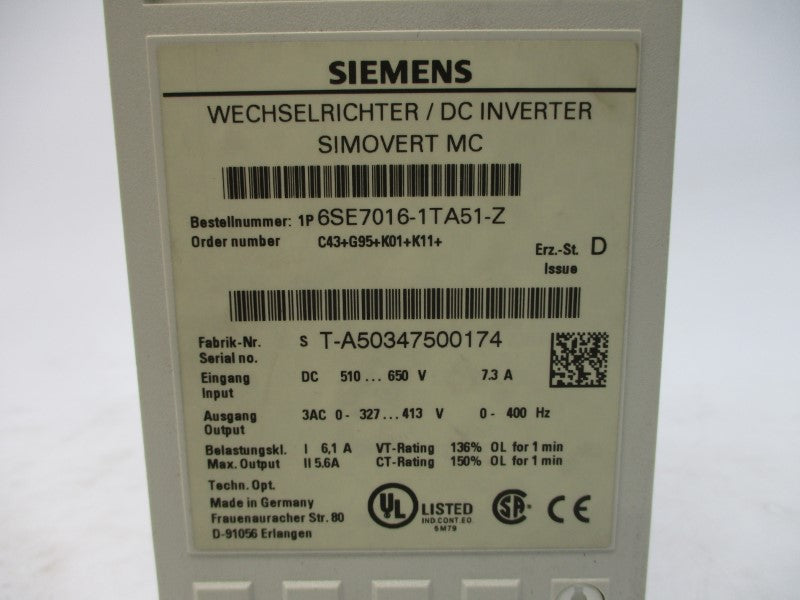 SIEMENS 6SE7016-1TA51-Z 510-650VDC 7.3A NSNP