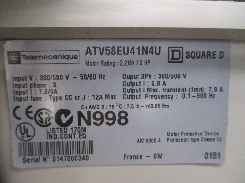 TELEMECANIQUE ATV58EU41N4U 380/500V 7.8/6A NSNP