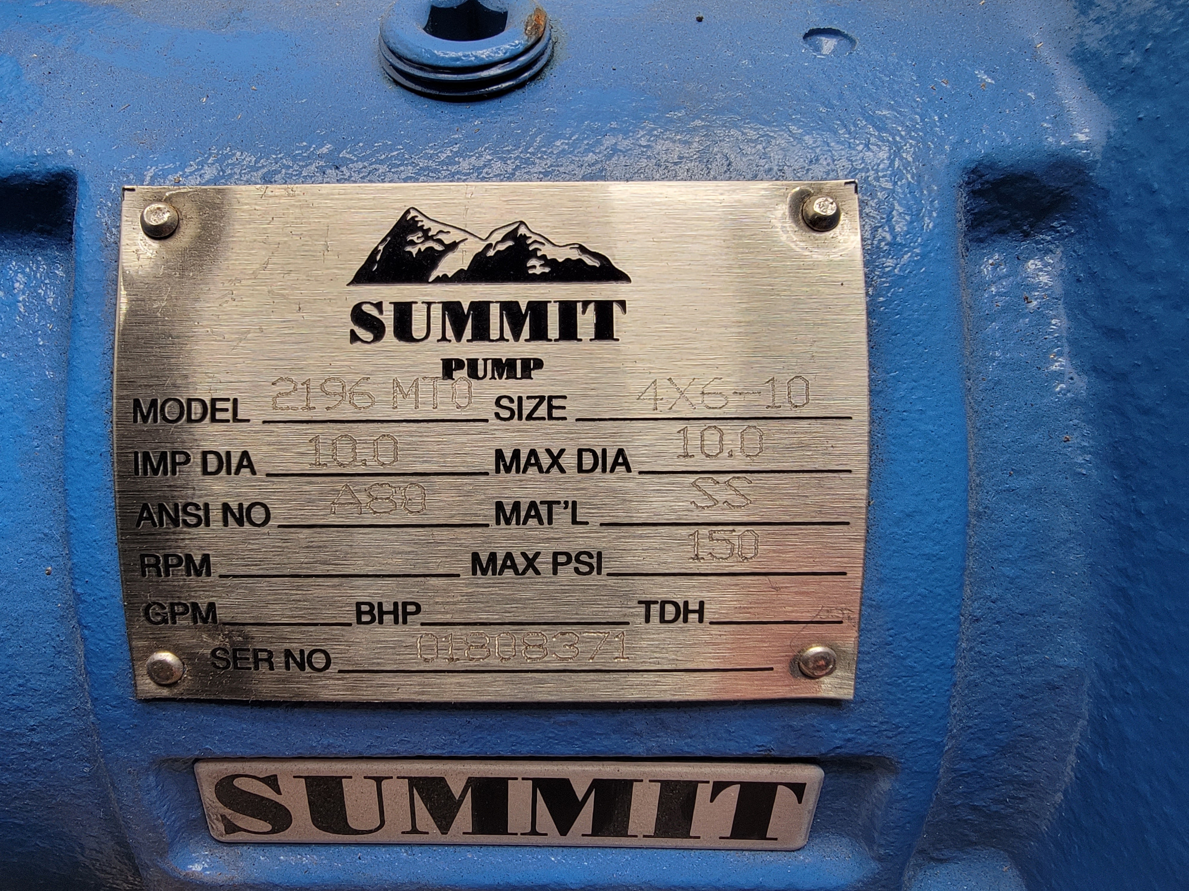 SUMMIT PUMP 2196MT0 4X6-10 150PSI NSNP