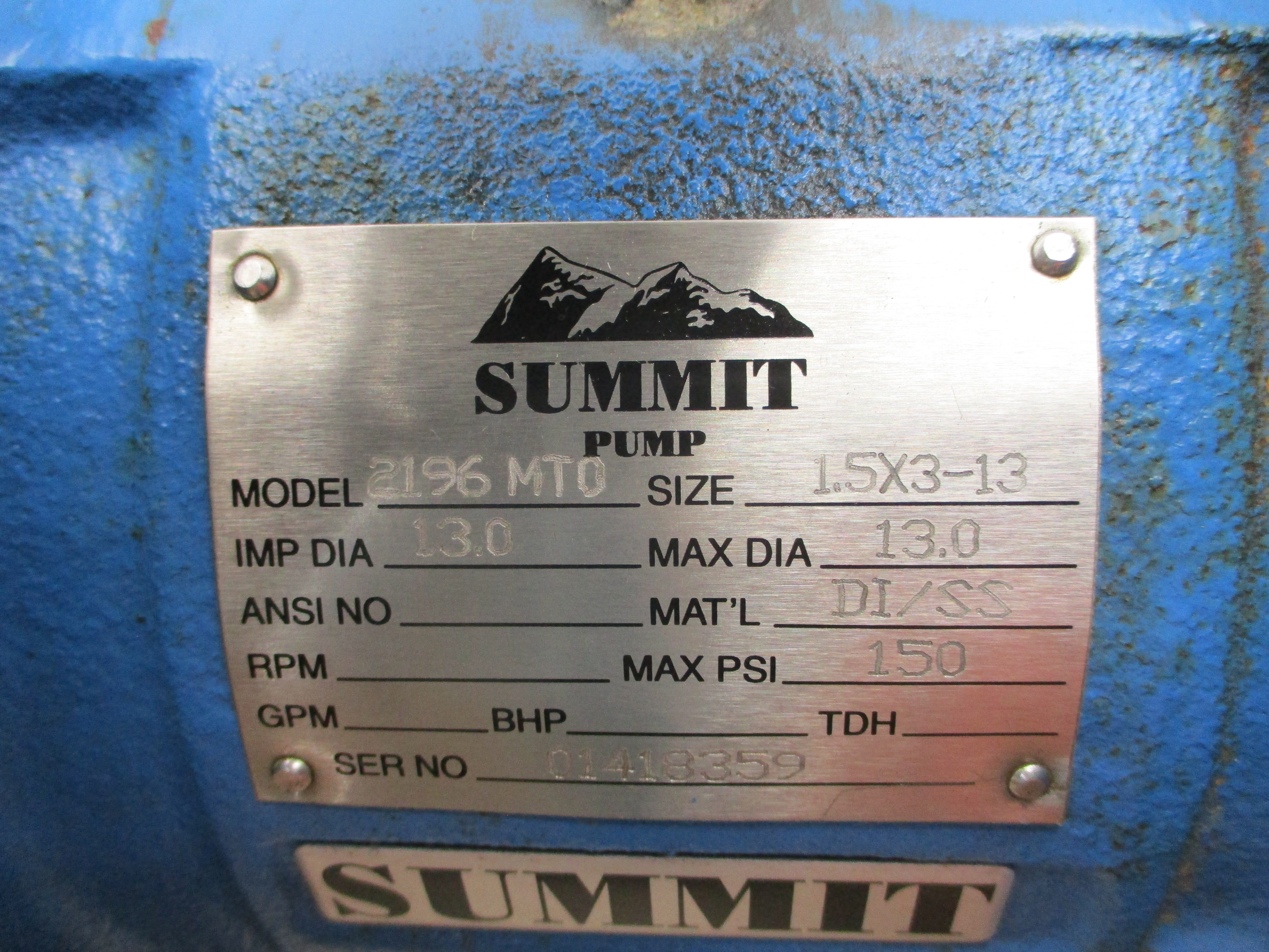 SUMMIT PUMP 2196MTO 1.5X3-13 150PSI NSNP