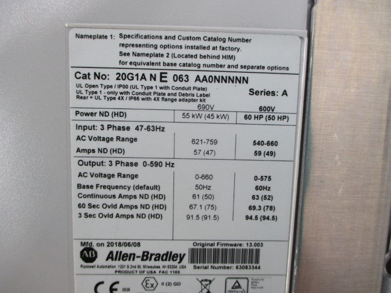ALLEN BRADLEY 20G1ANE063AA0NNNNN SER. A F/W 13.003 540-660VAC 59(49)A UNMP