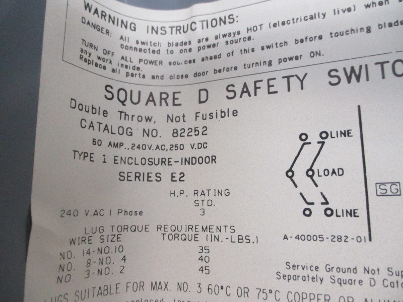 SQUARE D 82252 SER. E2 240VAC 60A UNMP