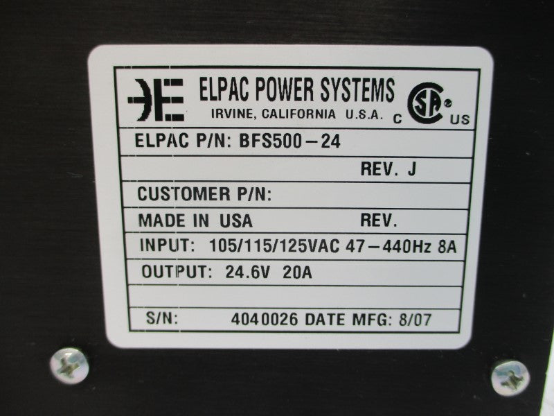 ELPAC POWER SYSTEMS BFS500-24 105/115/125VAC 8A UNMP