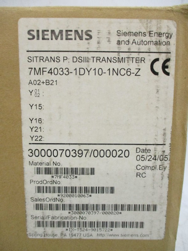SIEMENS 7MF4033-1DY10-1NC6-Z 10.5-45VDC 14.5-464PSI NSMP