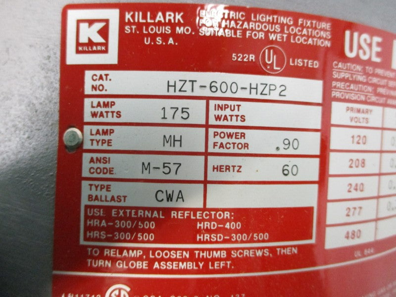 KILLARK HZT-600-HZP2 480VAC 1.80A (NO BULB) NSMP