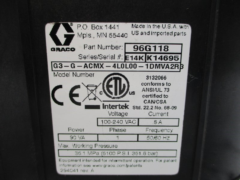 GRACO 96G118 G3-G-ACMX-4L0L00-1DMVA2R3 100-240VAC .8A 5100PSI NSMP