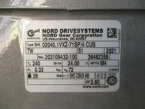 NORD SK71SP/4CUSTW SK2040.1VXZ-71SP/4CUS 230/460V 1.26/0.63A NSNP