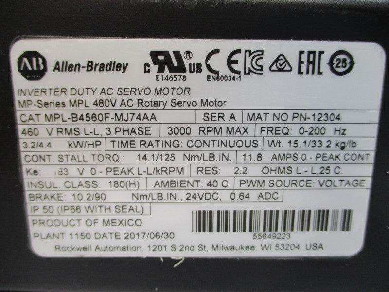 ALLEN BRADLEY MPL-B4560F-MJ74AA SER. A 460V 11.8A NSNP