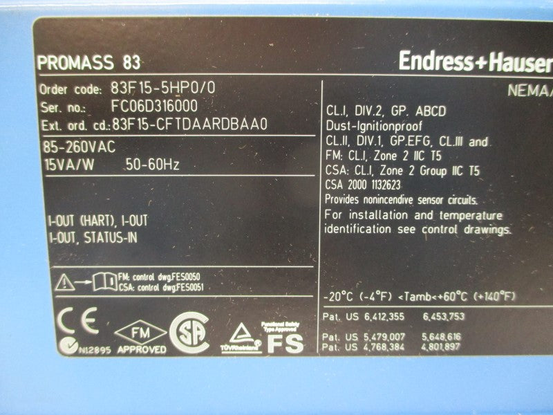 ENDRESS+HAUSER 83F15-5HP0/0 85-260VAC 600PSI 1/2" NSMP