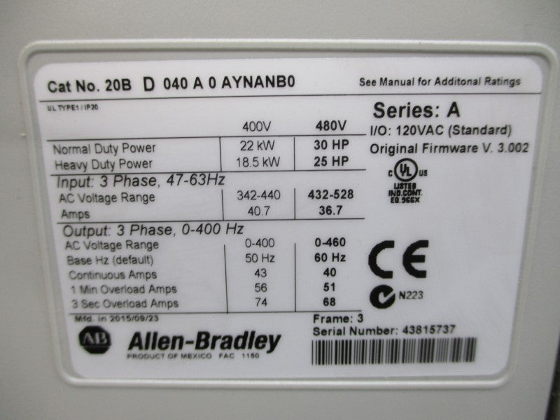 ALLEN BRADLEY 20BD040A0AYNANB0 SER. A F/W 3.002 480VAC 36.7A NSMP