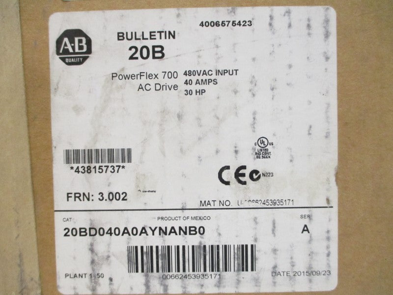 ALLEN BRADLEY 20BD040A0AYNANB0 SER. A F/W 3.002 480VAC 36.7A NSMP