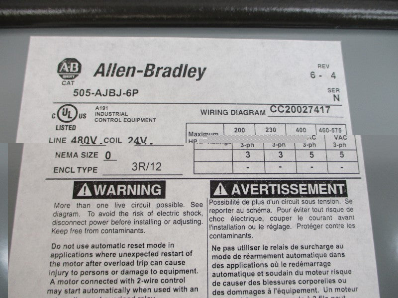 ALLEN BRADLEY 505-AJBJ-6P SER. N 24V 18A (BR/WH) NSMP