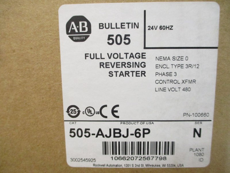 ALLEN BRADLEY 505-AJBJ-6P SER. N 24V 18A (BR/WH) NSMP