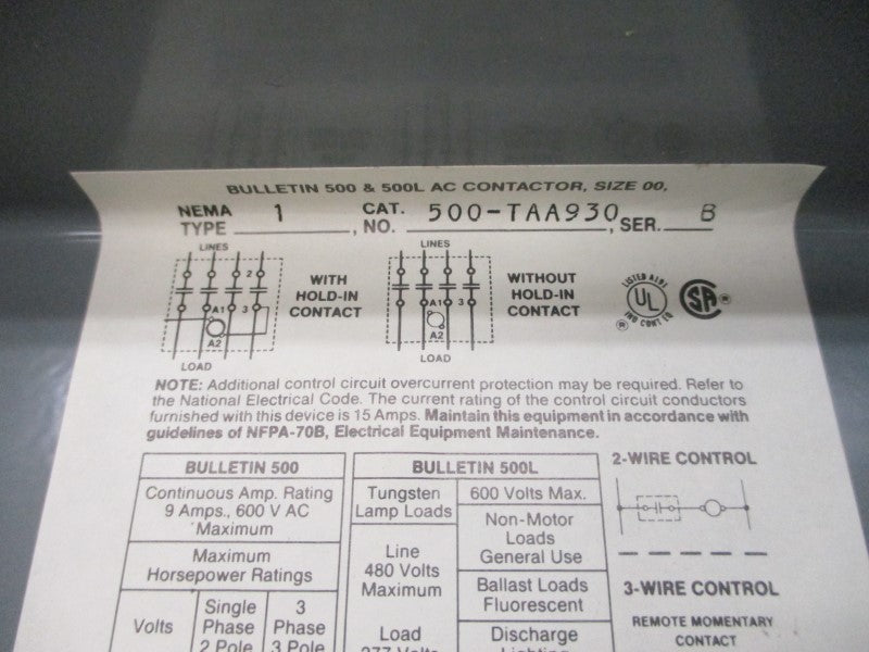 ALLEN BRADLEY 500-TAA930 SER. B 220/230-240V (BR/WH) NSMP