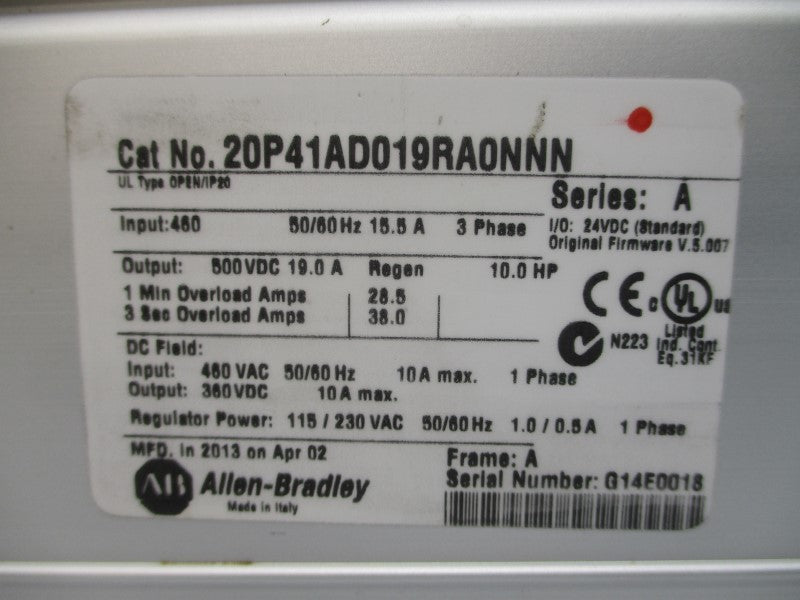 ALLEN BRADLEY 20P41AD019RA0NNN SER. A F/W 5.007 460V 15.5A NSNP