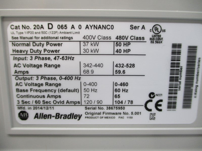 ALLEN BRADLEY 20AD065A0AYNANC0 SER. A F/W 5.001 480VAC 65A NSMP