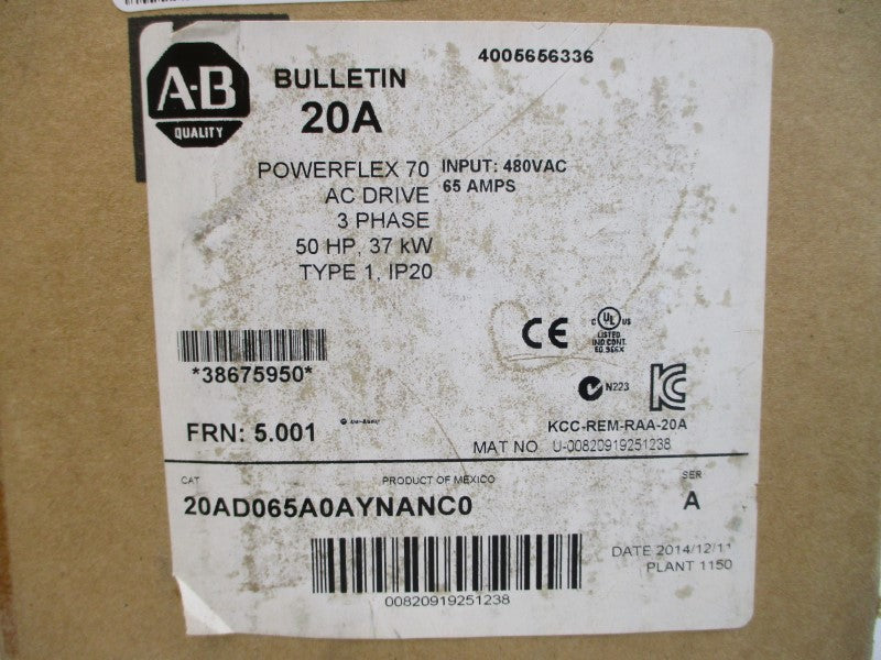 ALLEN BRADLEY 20AD065A0AYNANC0 SER. A F/W 5.001 480VAC 65A NSMP