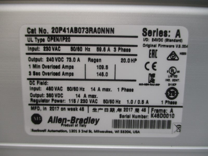 ALLEN BRADLEY 20P41AB073RA0NNN SER. A F/W 6.004 230VAC 73.0A NSMP