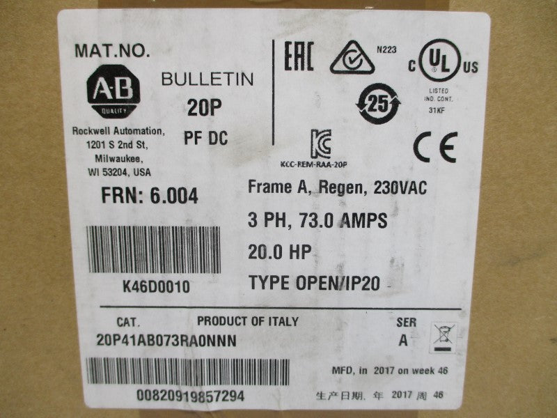 ALLEN BRADLEY 20P41AB073RA0NNN SER. A F/W 6.004 230VAC 73.0A NSMP