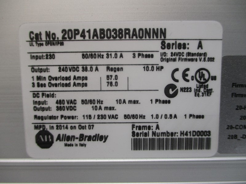 ALLEN BRADLEY 20P41AB038RA0NNN SER. A F/W 6.002 230VAC 38.0A NSMP
