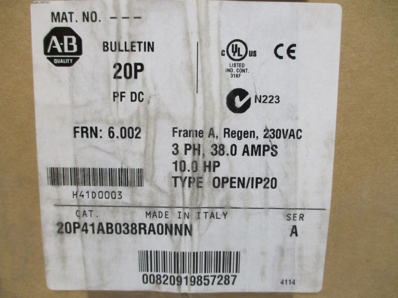 ALLEN BRADLEY 20P41AB038RA0NNN SER. A F/W 6.002 230VAC 38.0A NSMP