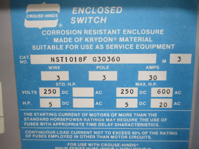 CROUSE-HINDS NST1018F G30360 600VAC 30A NSMP
