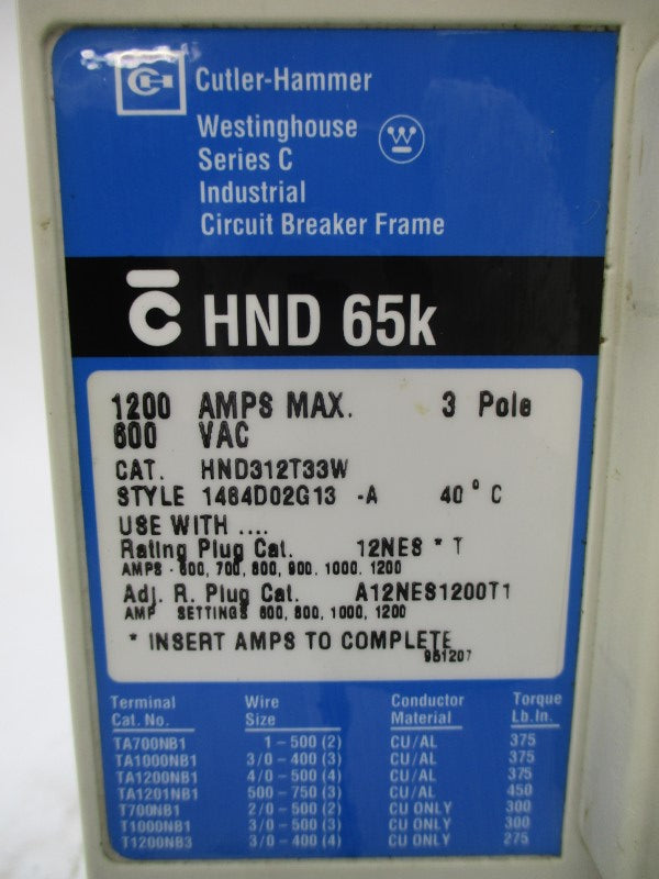 CUTLER HAMMER HND312T33W 1484D02G13 SER. C 600VAC 1200A UNMP