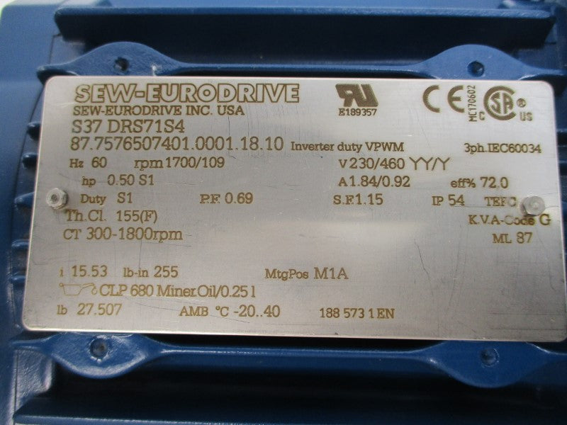 SEW-EURODRIVE S37DRS71S4 230/460V 1.84/0.92A NSNP